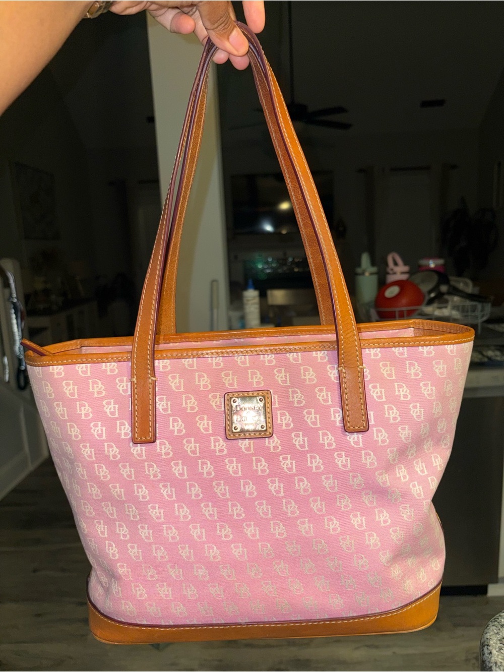 Dooney & Bourke Pink Canvas Tote with Tan Leather Trim